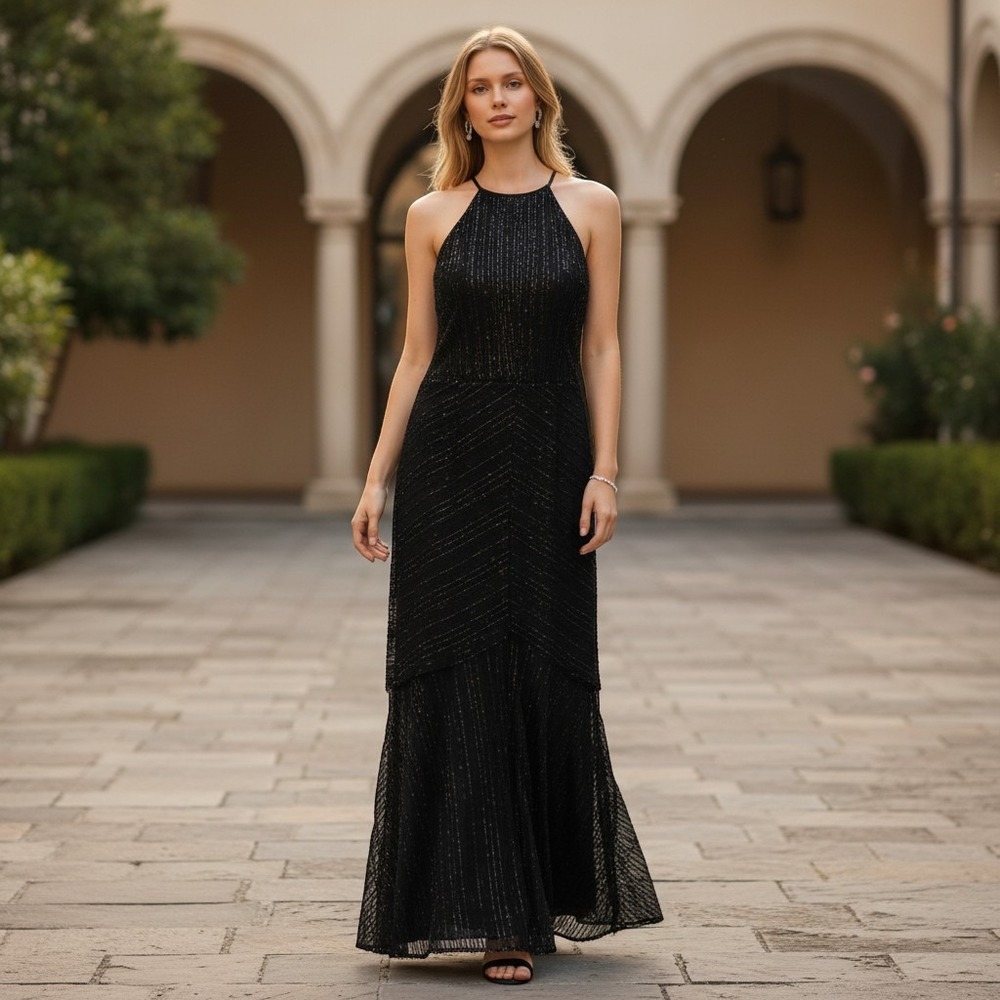 City Chic Maxi Brilliance Black Sequin Halter Neck Formal Dress XL 00200953